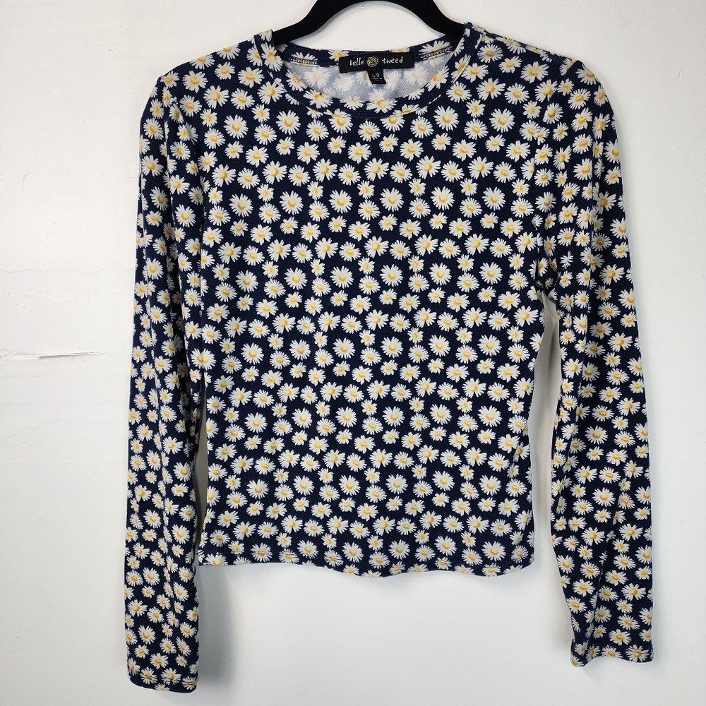 belle tweed Blue with Sunflowers Top Large Long Sleeve